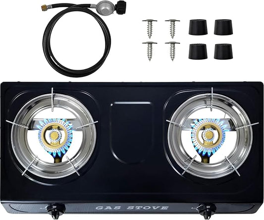Propane Gas Stove Double Burner, Pulse Ignition LPG Cooktop, 17000 BTU Portable 2 Burner Propane Stove for Outdoor Cooking, camping, tailgating,or Emergencies