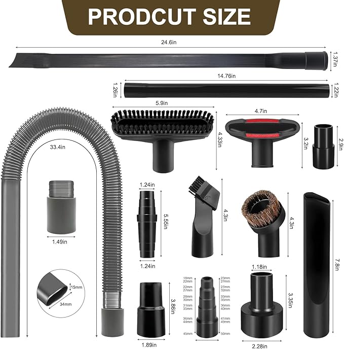 16-Piece 1 1/4 Inch Shop Vac Attachments Cleaning Kit With Vacuum Extension Wand/Dryer Lint Vac Attachment/Flexible Crevice Tool (Hose Adapters for 1 1/4" to 2 1/2"Hoses)