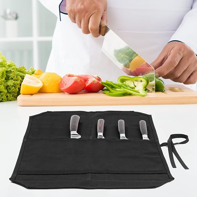 Kaaltisy Chef Knife Roll Bag, Knife Bag with 5 Slots, Specialized Cut-Resistant Fabric Lining, Heavy Duty 16oz Waxed Canvas Knife Roll Case | Black | 21" L x 15.5" W