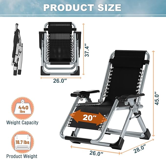 ABORON Zero Gravity Chair,Premium Outdoor Lawn Folding Lounge Chairs,Sturdy Adjustable Reclining Patio Chairs with Removable Cushion,Headrest & Tray