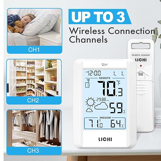 Indoor Outdoor Thermometer Wireless Weather Station Inside Outside Thermometers Hygrometer Monitor,with 330ft Range Remote Sensor, Battery Powered Backlight Display