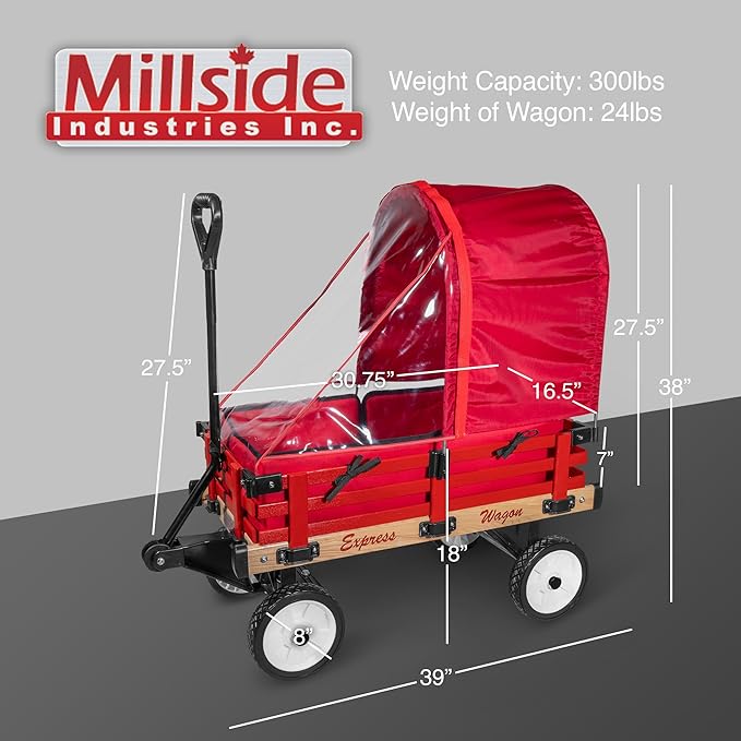 Industries All Season Convertible Wood Wagon Cart with Flat-Free Tires, Sleigh Runners, Side Pads and Half Canopy with Plastic Cover Shield, Red, 16" x 34"