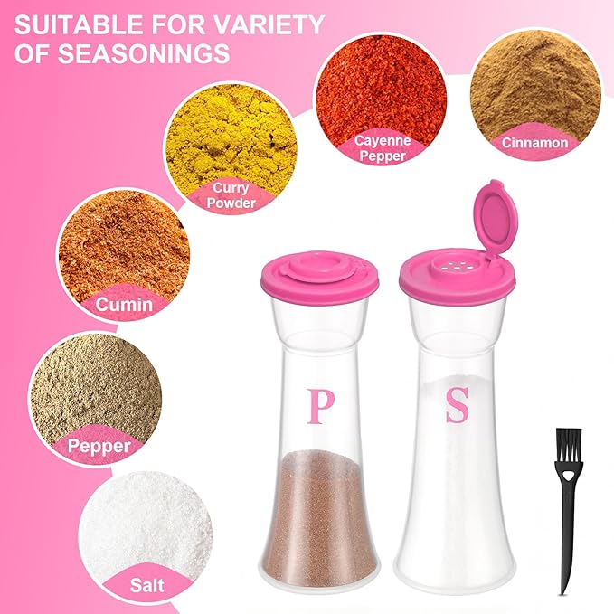 Set of 2 Clear Salt and Pepper Shakers, Plastic Spice Jars with Colorful Lids, Leakproof Moisture-Proof for Home Kitchen Restaurant, Camping, Travel, Picnic (Pink)
