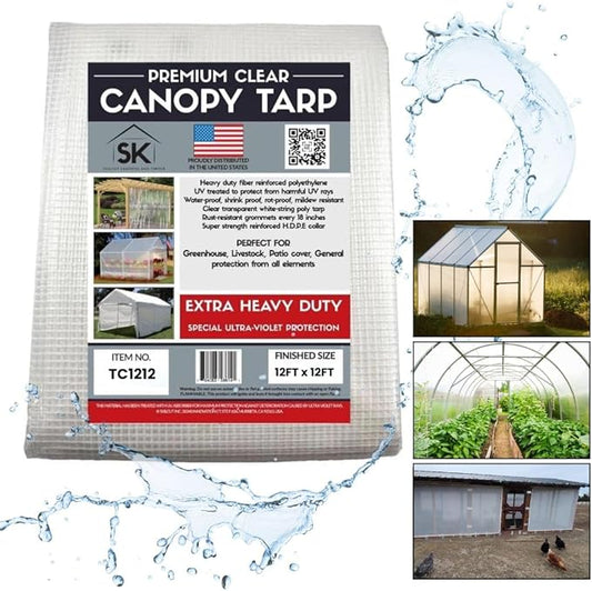16 Mil Clear Poly Heavy Duty Tarp with Fiber Reinforcement - True Size Tarps with UV Protection, Tear Resistance, Flexibility, Reinforced Corners 12x12