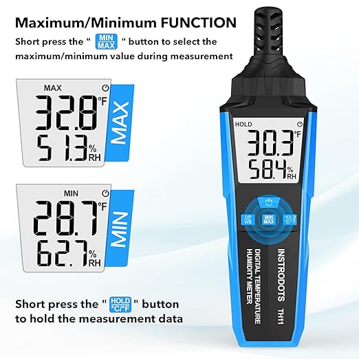 Temperature Humidity Meter, High Precision Digital Hygrometer with Ambient, Dew Point, Wet Bulb Temperature for Indoor Outdoor, Thermometer with Min/Max, Data Hold, LCD Backlight, TH11