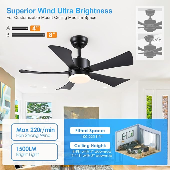 42 inch Ceiling Fans with Lights, Modern Black Ceiling Fan with Remote Control App, DC Motor Quiet, 3CCT Dimmable Memory, Led Sloped Flat Ceiling Fan with Light for Bedroom Indoor&Outdoor Patio