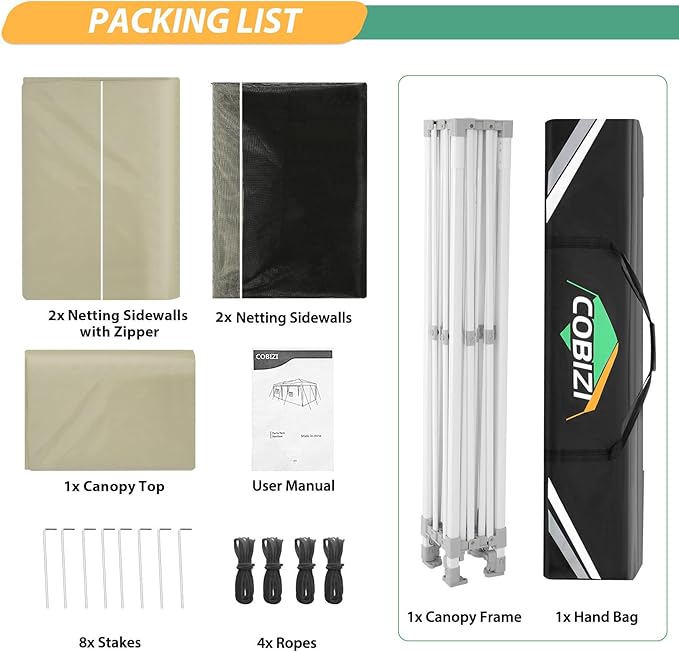 COBIZI 10x10 Canopy Tent with 4 Sidewalls,Heavy Duty Pop up Canopy with Mosquito Netting,Easy up Screen Tent for Parties Wedding Outdoor Camping with Handbag,Khaki