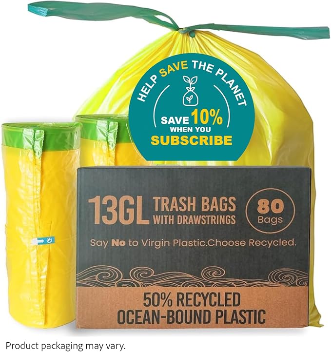 13 Gallon Trash Bags with Drawstrings, 80 Bags Made from 50% Recycled Plastic, Code K Leakproof and Tear-Resistant, Tall Kitchen Garbage Bags for Home and Office