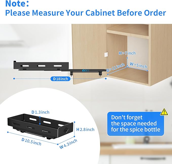 Pull Out Spice Rack Organizer for Cabinet, Heavy Duty-Slide Out Spice Rack, Vertical Spice Rack for Kitchen Cabinet and Pantry (4.2''Wx10.5''Dx2.8''H, Metal Black)