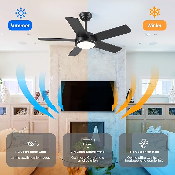 42" Black Ceiling Fans with Lights - Modern Low Profile Ceiling Fan with Lights and Remote Control, 5 Dual-Sided Blades, Reversible DC Motor, Ceiling Fan for Indoor and Outdoor