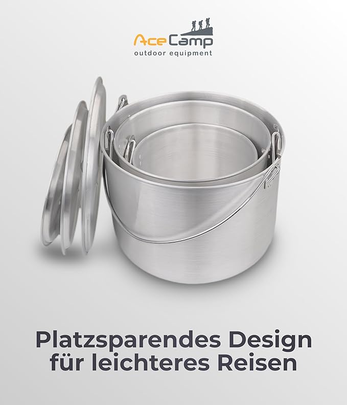 AceCamp Nested Pot Aluminum Lightweight Cooking Pot Set Outdoor Large Stock with lid and folding handle - 4L,8L,12L