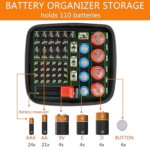 Linkidea Hard Battery Storage Container, Organizer Box with Tester BT-168, Safe Carrying Battery Case Holder - Holds 63 Various Sizes AA AAA 9V C D Batteries with Battery Tester