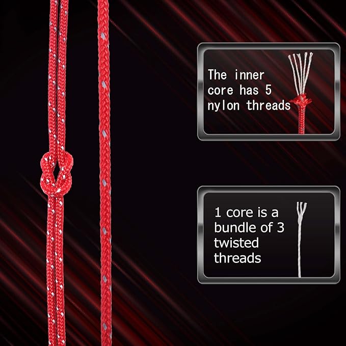 HIKEMAN 50m Reflective Guyline Solid Braid Nylon Camping Rope with Aluminum Adjuster Cord Tensioner Tent Accessory for Outdoor Travel,Hiking,Backpacking and Water Activities (Red, 4mm)