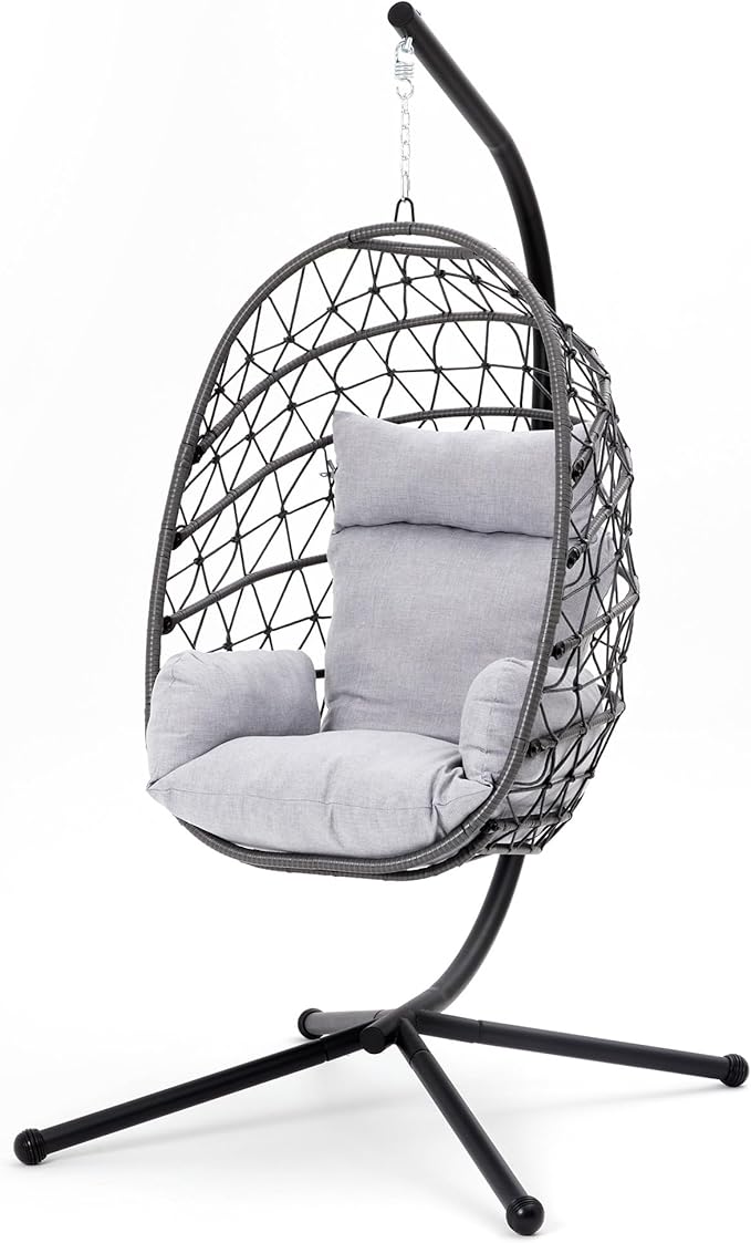 RoyalCraft Hanging Egg Chair Outdoor Swing Chair with Stand, Hammock Chair Indoor, Patio Boho Wicker Hanging Chair with Stand 350lbs Capacity for Garden, Balcony, Bedroom, Black & Gray