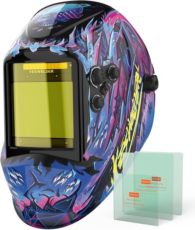 YESWELDER Large View Auto Darkening Welding Helmet, Blue Light Blocking, 1/1/1/1 True Color Solar Powered Welder Hood Mask with 4 Arc Sensors, Wide Shade 3/5-9/9-13 for TIG MIG ARC Cut and Grind