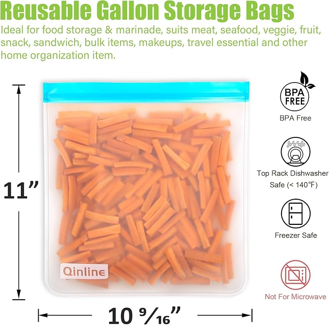 Reusable Gallon Food Storage Bags - 10 Pack Extra Thick Reusable Gallon Freezer Bags Leakproof Plastic Free Lunch Bag