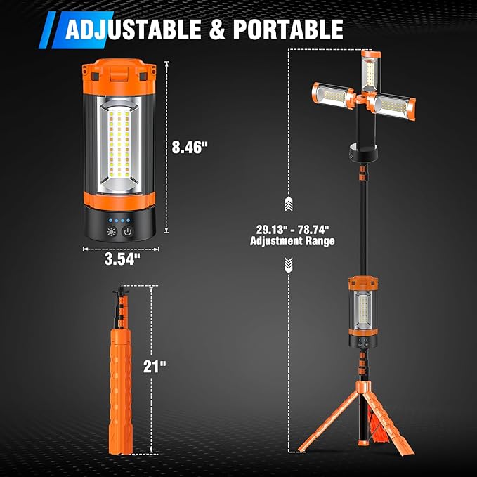 12000mAh Camping Light with Stand, Rechargeable Work Light, 10000 Lumen Dimmable Cordless Work Light with 3 LED Lamp Heads, Magnetic Emergency Flashlight with 79" Detachable Tripod