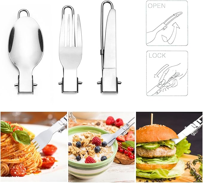 Odoland Camping Cookware Stove Carabiner Canister Stand Tripod and Stainless Steel Cup, Tank Bracket, Fork Spoon Kit for Backpacking, Outdoor Camping Hiking and Picnic