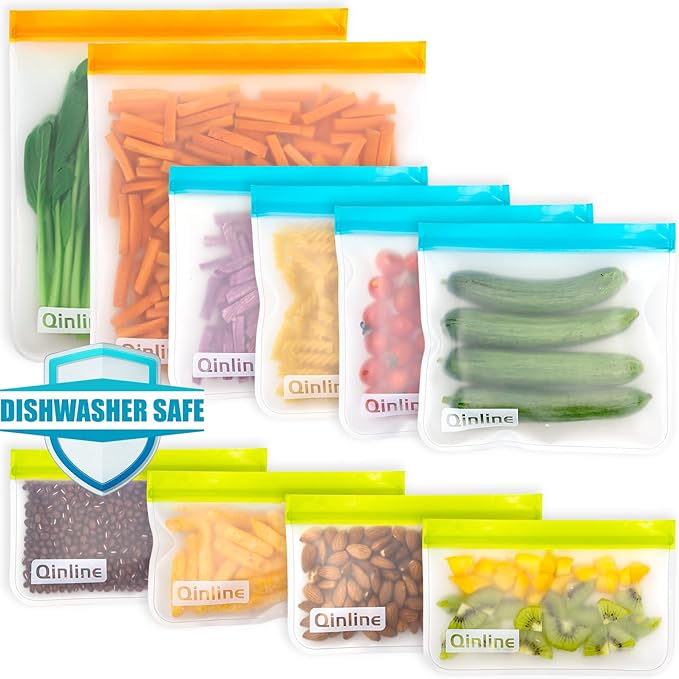 Reusable Storage Bags - 10 Pack BPA FREE Freezer Bags(2 Reusable Gallon Bags + 4 Leakproof Reusable Sandwich Bags + 4 THICK Reusable Snack Bags) Ziplock Lunch Bags for Food Marinate Meat Fruit Cereal