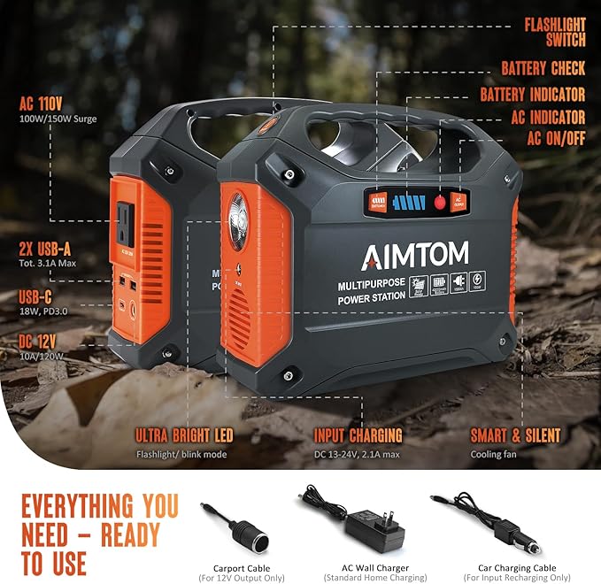 AIMTOM 155Wh Portable Power Station with 30W Solar Panel – 150W Peak/110V AC, 18W USB-C, 2x USB-A & 12V DC – Solar Generator for Camping, Home, RV, Travel & Emergencies