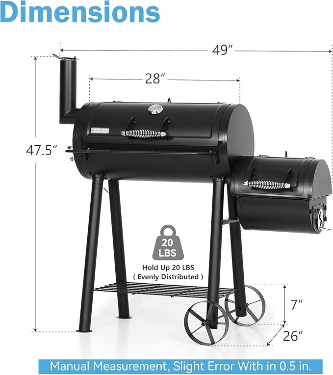 GREEN PARTY Offset Smoker Charcoal Grills with 28 Inch Cook Chamber, Barrel Smoker and Charcoal Grill Combo, 512 Sq. In. Space Barrel Smoker Grill for Outdoor BBQ Patio Backyard Cooking
