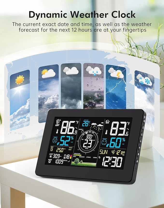 WiFi Weather Station Wireless Indoor Outdoor, Thermometer with Rain Gauge and Wind Speed/Direction, Large Display for Weather Forecast, Temperature, Humidity, Clock, Alarm, UV, Air Pressure