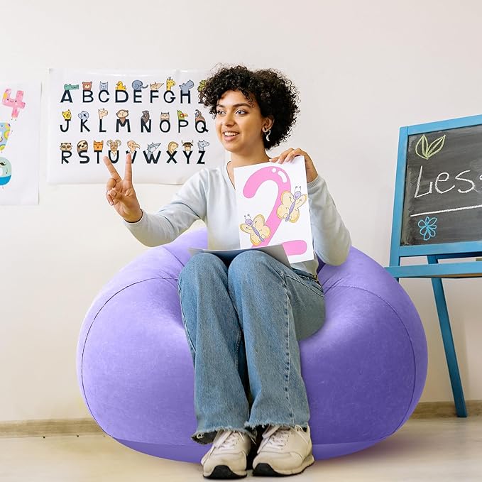 Realspring Inflatable Bean Bag Chairs Outdoor Blow up Camping Chairs Inflatable Lazy Sofa Folding Portable Bean Bag Loungers Couch for Movie Night(Light Purple,2 Pcs)