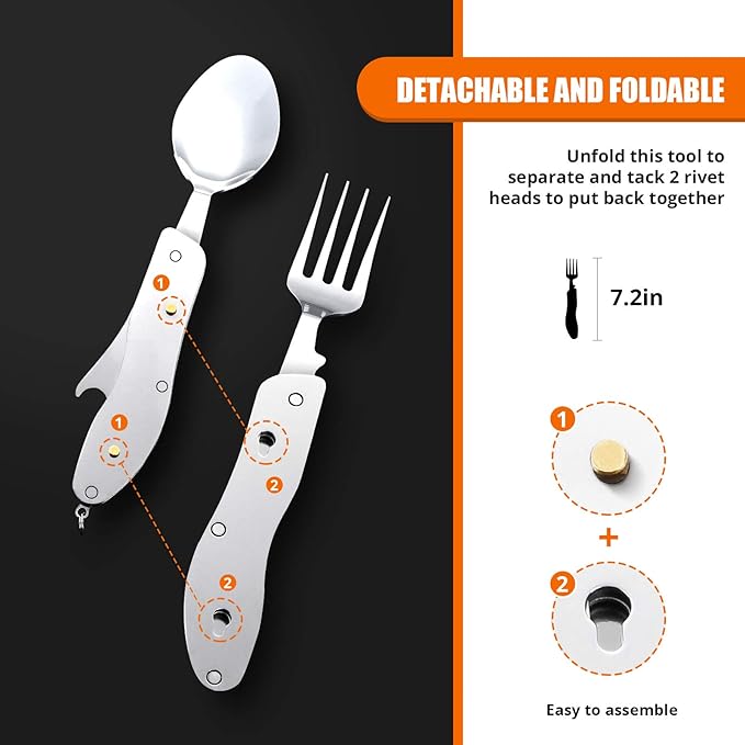 Camping Utensil HIKENTURE 4-In-1 Stainless Steel Fork Knife Spoon Bottle Opener Set with Storage Case (Black)