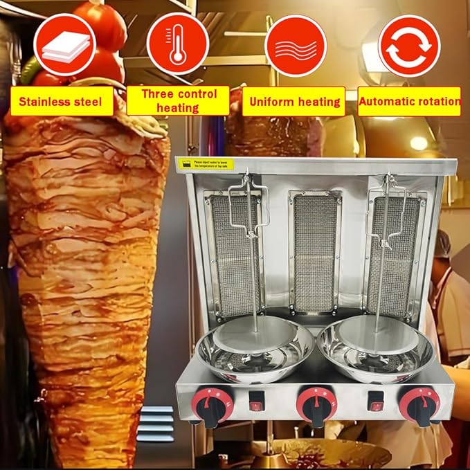 LP Gas Shawarma Grill Machine Vertical Broiler Rotating Doner Kebab Machine Countertop Rotisserie Gyro Grill Oven with 3 Burners for Home Kitchen Adjustable Tempereture