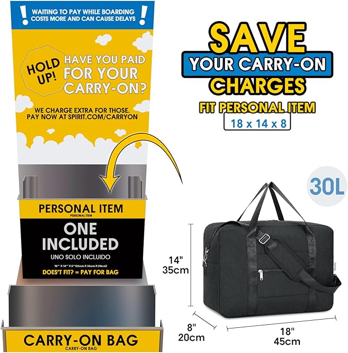 For Spirit Airlines Personal Item Bag 18x14x8 Foldable Travel Duffel Bag Underseat Carry on Luggage for Women and Men 30L (Black)