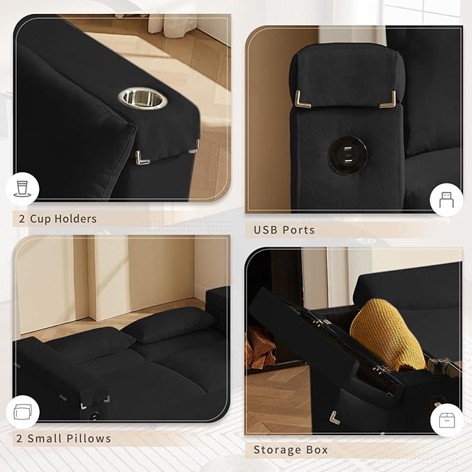 66" Pullout Couch Sleeper Sofa with Hidden Side Table, Storage Armrests & USB Charging – Convertible Sofa Bed with Spring Mattress & Wood Frame, Great for Small Spaces (ZY-2027-Black)