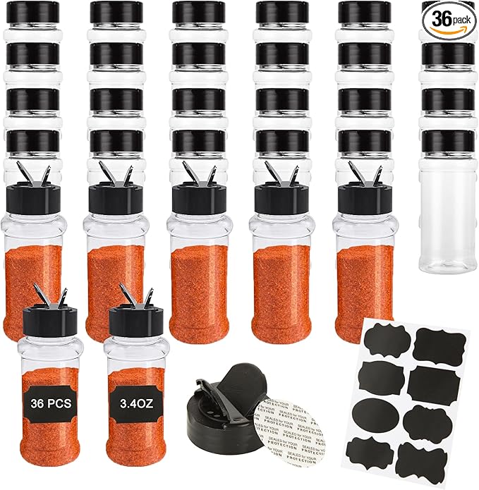 JMIATRY 36 Packs 3.4oz Plastic Spice Jars with Shaker Lids Empty Plastic Spice Bottles with Labels 100ML/ 3.4 Ounce Plastic Seasoning Containers for Spice,Herbs,Powders,Glitters