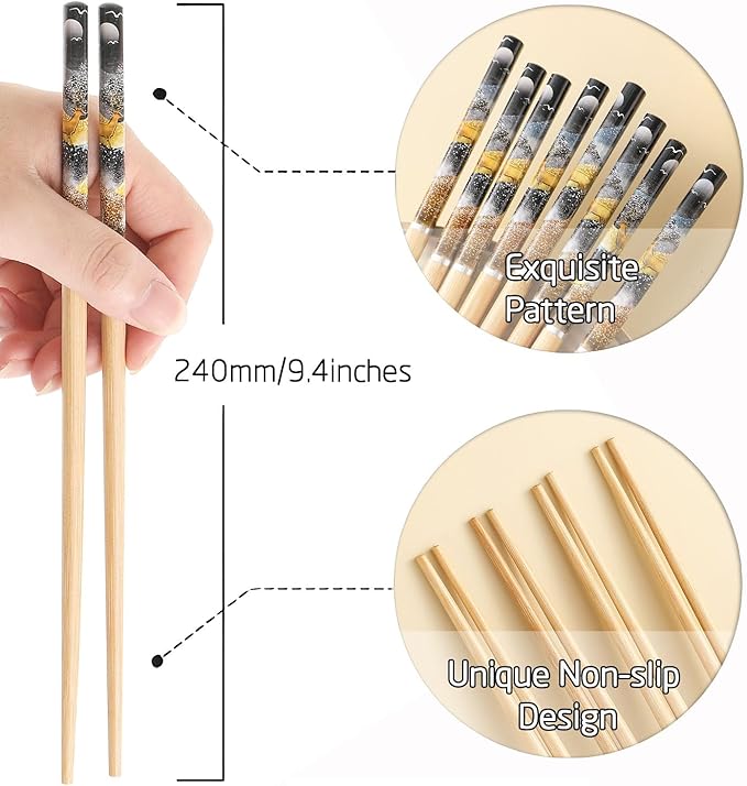 200 Pairs Bamboo Chopsticks - Reusable, Wooden, Disposable, Dishwasher Safe Bulk, 9.4 Inches with Chinese & Japanese Styles,Northern Scenery