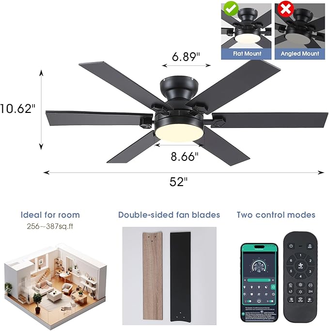 52" Black Low Profile Ceiling Fans with Lights and Remote, Modern Flush Mount Ceiling Fans with Quiet DC Motor, 6 Speeds Reversible