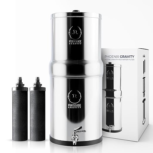 Gravity Water Filter System – 1.5 Gallons NSF Certified AISI 304 Stainless Steel Premium Countertop Water Filtration System with 2 Smart Black Carbon Filters & Stainless Steel Spigot