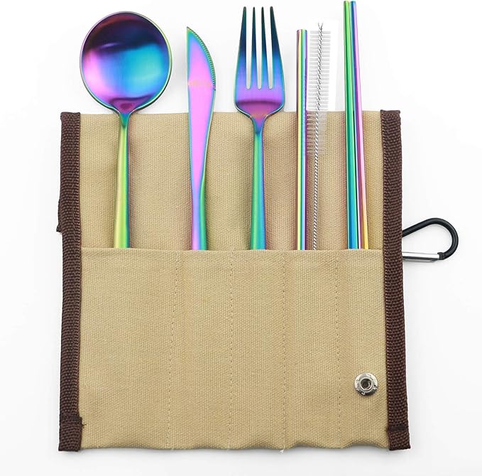 Portable 6 Pieces Flatware Set, 304 Stainless Steel Knife, Fork, Spoon, Chopsticks, Metal Straw, Cleaning Brush, Durable Travel Cutlery Set, Beige Pouch Bag, Rainbow