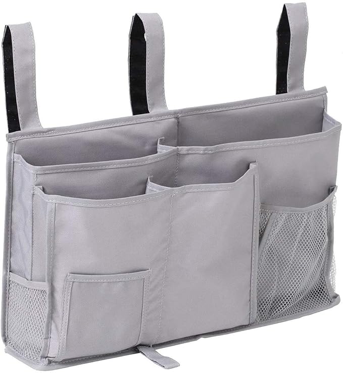 Bedside Caddy, Hanging Under Bed Storage Organizer Bag with 8 Pockets for College Dorm Rooms, Hospital Bed Rails, Camp