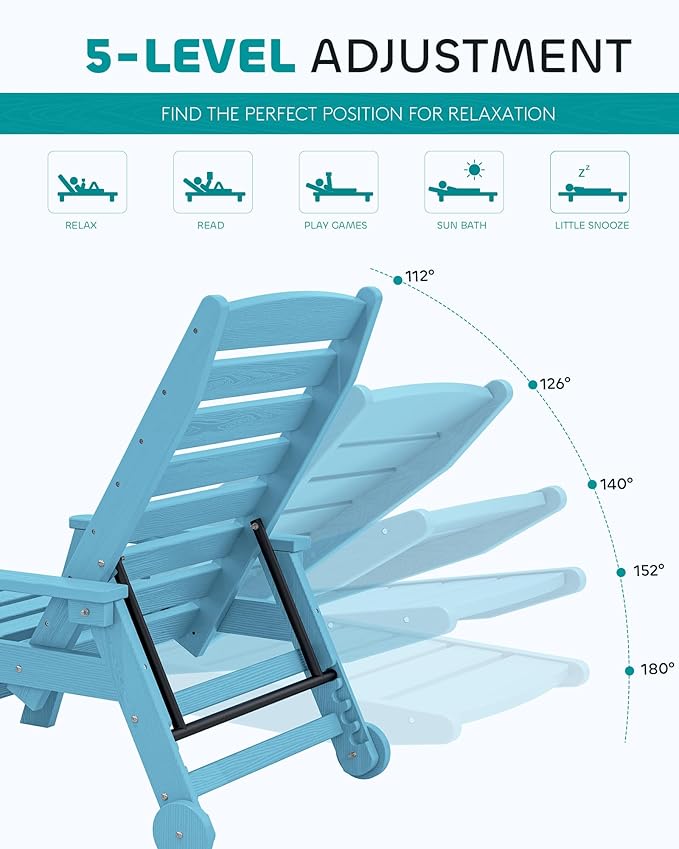 SERWALL Patio Chaise Lounge Chair, 5 Positions Adjustable HDPE Outdoor Lounge Chair, Poly Lounge Chair with Rolling Wheels & Cup Holder, Light Blue