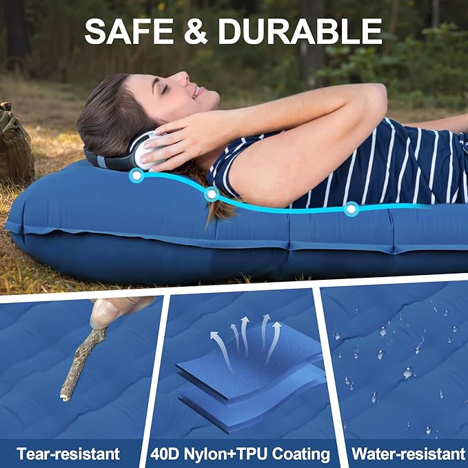 Double Sleeping Pad Camping, 6" Extra Thick Camping Pad with Pillow Built-in Foot Pump Waterproof Inflatable Sleeping Mats for Camping, Backpacking, Hiking,Traveling Tent