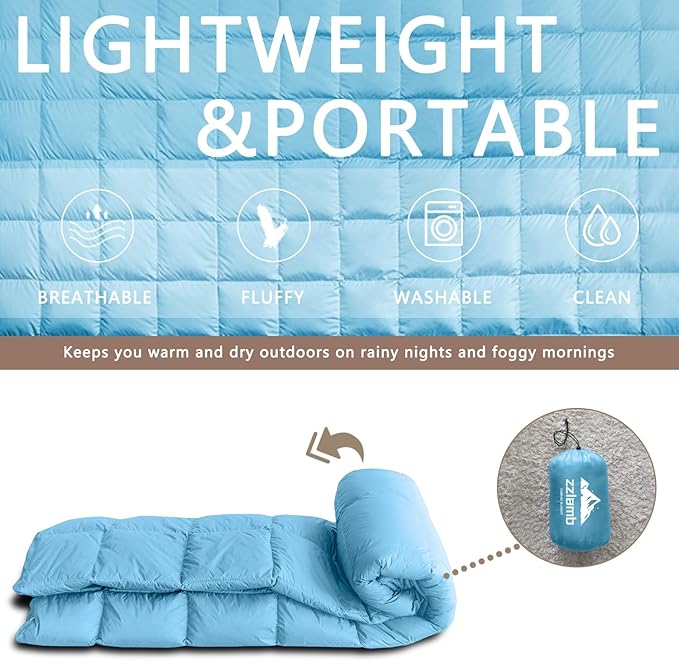 zzlamb Puffy Down Camping Blanket Water-Repellent, Down Throw Travel Blanket Portable for Outdoor, Light Warm Quilt for Couch Plane Car Theater Stadium Picnic RV Backpacking Hammock