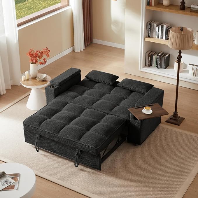 66" 3-in-1 Folding Convertible Sofa Bed, Queen Size Pullout Sofa, Modern Chenille Fabric, 360° Swivel Side Table, Easy Assembly, Perfect for Living Room (ZY-1107S-Black)