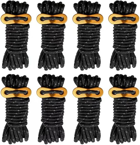 8 Pack 4mm Guy Lines Ultralight Tent Cords with Aluminum Adjuster Tensioner Outdoor Camping Guylines Ropes for Tent Tarp,Climbing,Hiking Backpacking (Black)