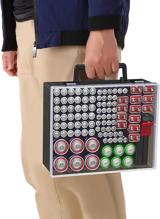 RISOU Battery Organizer Storage Case,Stores More Than 95 Batteries - Battery Storage Box for AA AAA 9V C D Lithium 3vLR44 CR2016 CR1632 CR2032 CR2025 (CASE ONLY) (Black)