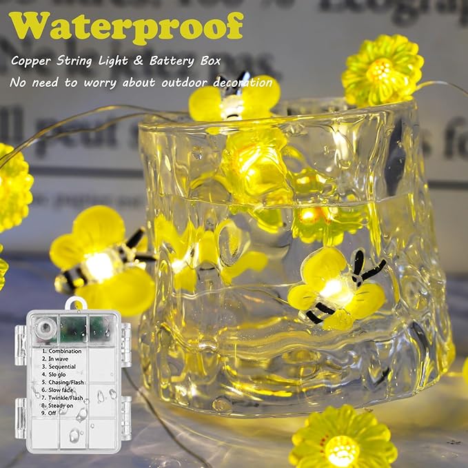 Bee Lights Sunflower Fairy Lights, Honeybee 30 LED Copper String Lights with 8Modes Remote Control&Battery Operated Twinkle Lights for Christmas, Bedroom Plants, Spring Decor (Bee&Sunflower)
