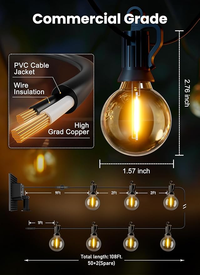 Brightown 108FT Solar String Lights Outdoor with Remote and 52 LED Shatterproof Bulbs, Dimmable & Timable, 3 Light Modes, Solar Patio String Lights Outdoor for Cafe, Garden, Deck, Outside Wedding