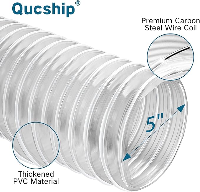 5" x 10' Heavy PVC Dust Collection Hose, Puncture Resistant PVC Dust Collection Hose, Flexible Clear PVC Fume Collection Hose with Carbon Steel Wire Coil for dust collection systems