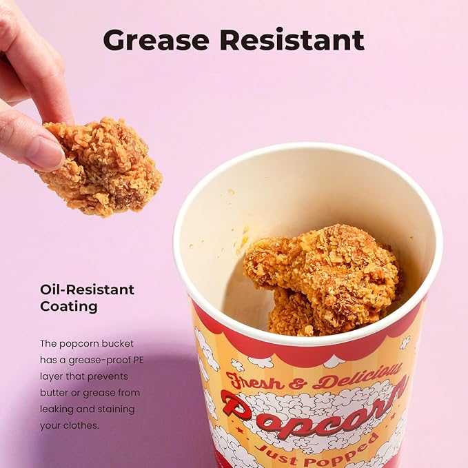 Fit Meal Prep 25 Pack Classic Paper Popcorn Buckets Disposable, 32 Oz Grease Resistant Popcorn Bowls Cups for Machine Home Theater Carnival Movie Night