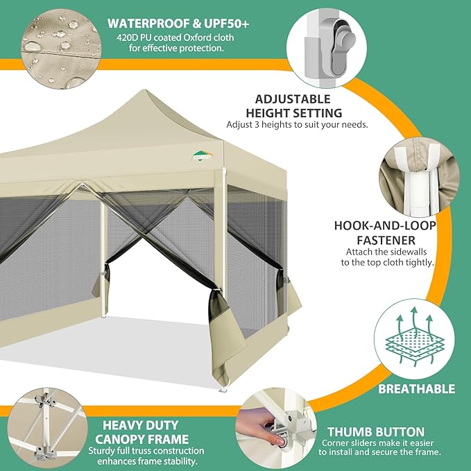 COBIZI 10x10 Canopy Tent with 4 Sidewalls,Heavy Duty Pop up Canopy with Mosquito Netting,Easy up Screen Tent for Parties Wedding Outdoor Camping with Handbag,Khaki