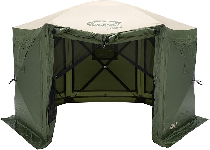CLAM Pop Up Screen Tent, Outdoor Camping Gazebo Canopy, Pavilion, 12.5', Green/Tan - Heavy-Duty Portable Screened Shelter with Netting for Beach, Patio, and Backyard