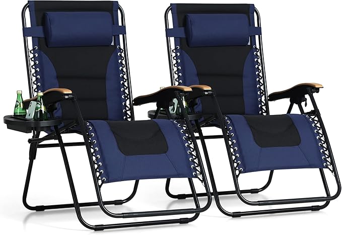 PHI VILLA XXL Oversized Padded Zero Gravity Chair, Foldable Patio Recliner, 30" Wide Seat Anti Gravity Lounger with Cup Holder, Set of 2, Support 400 LBS (Navy Blue)